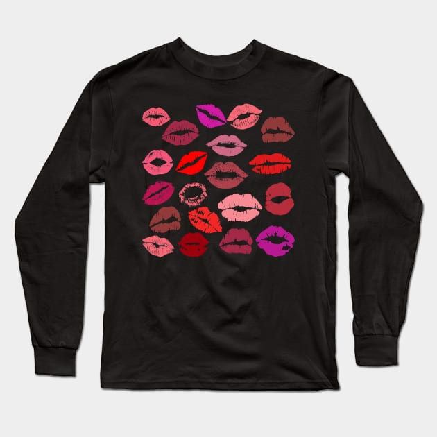 lipstick lip print kisses Long Sleeve T-Shirt by MGuyerArt